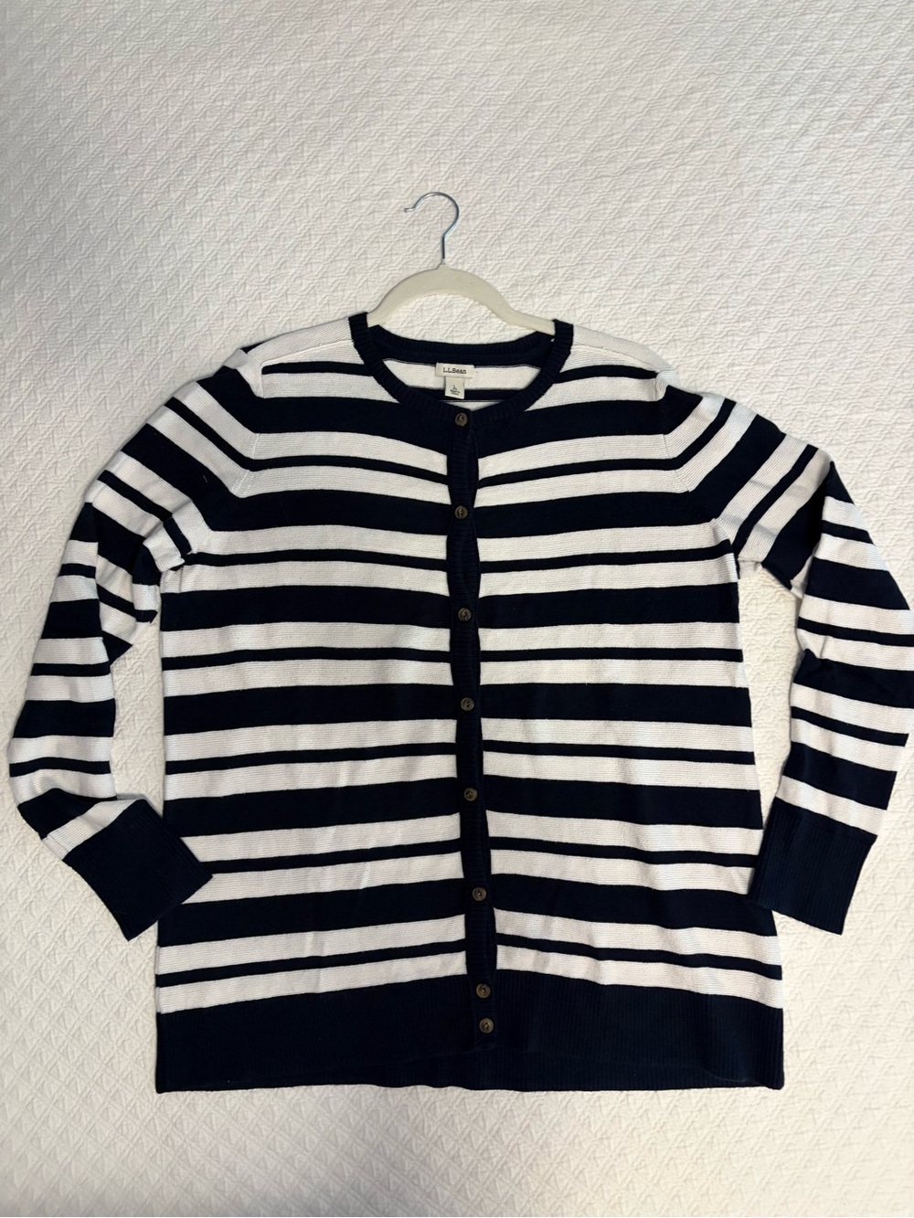 LL Bean Women’s Navy and White Striped Button-Up Cardigan Sweater